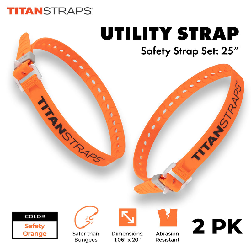 [Australia - AusPower] - Titan Utility Straps – Easy-To-Use, Reliable Tension Straps for Securing Bike & Moto Gear, Skis, Garden Hoses, Field Repair – Use in Frigid Temp – 60 lb.Working Load, 25" Length, Safety Orange, 2-Pack 25" Length / 2 Pack 