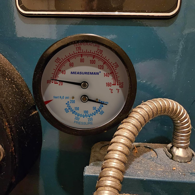 [Australia - AusPower] - MEASUREMAN Commercial Tridicator Boiler Gauge Kit, 2.5" Dial, 0-200 PSI (ft H₂O) & 70-320°F, 1/4" NPT Back Mount with 1/2" NPT Adapter and O-Ring（2.95'' Stem） 0-200 PSI 70-320°F 2.95'' Stem 