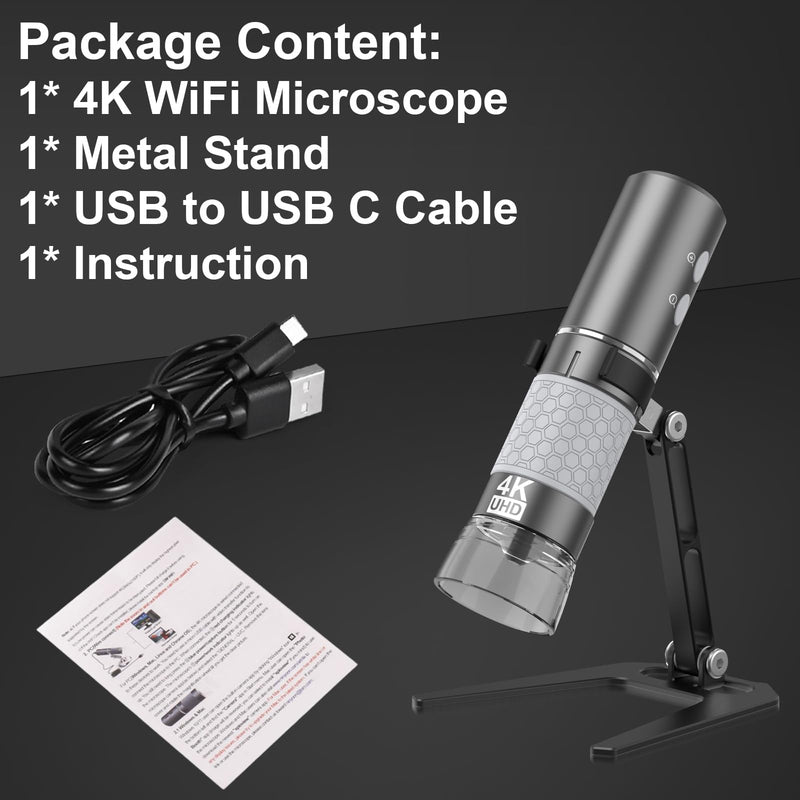 4K WiFi Microscope, Upgraded Stand for iPhone Android PC, 50-1000X USB Digital Microscope, HD Endoscope Camera, Compatible with All Devices, Wide Angle, Long Focal Length, Reliable Service