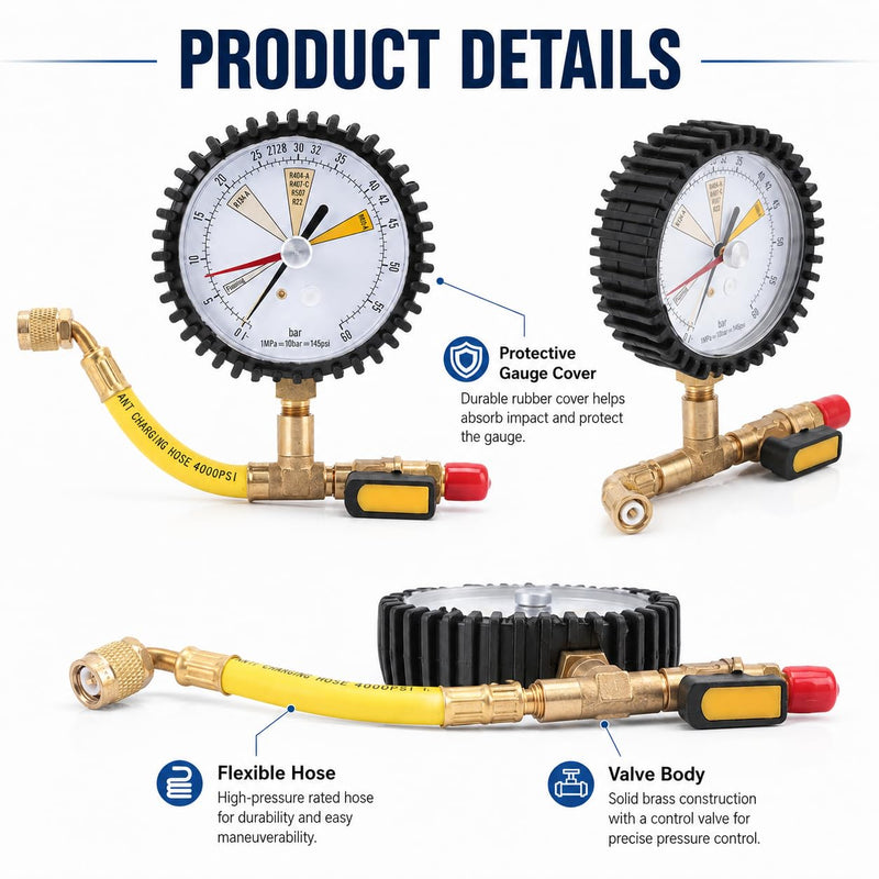 Pressure Gauge SAE 1/4, -1 to 60 Bar | For air conditioners R134a, R22, R407C, R410A, R404A, R507, R422D, R32