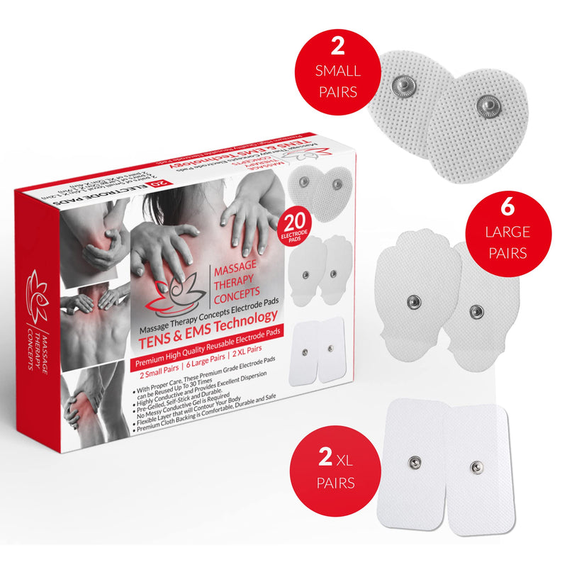 [Australia - AusPower] - TENS Unit Pads - Premium Quality Snap Replacement Electrodes for TENS and EMS Electrotherapy - Self Adhesive Reusable Patches up to 30 Times (20 Pads) Combo (S, L, XL) 20 Piece Set 