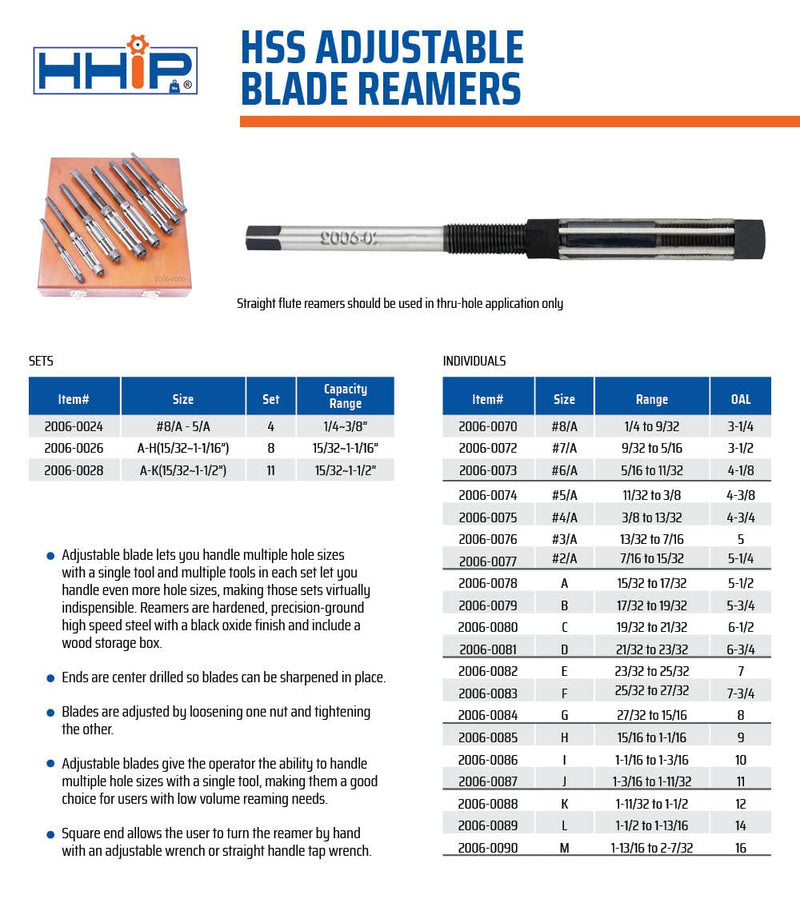 HHIP 2006-0085 15/16-1-1/16" High Speed Steel Adjustable Blade Reamer, 6 Blades, 9" OAL, Size H H (15/16-1-1/16") HHIP Adj. Reamers