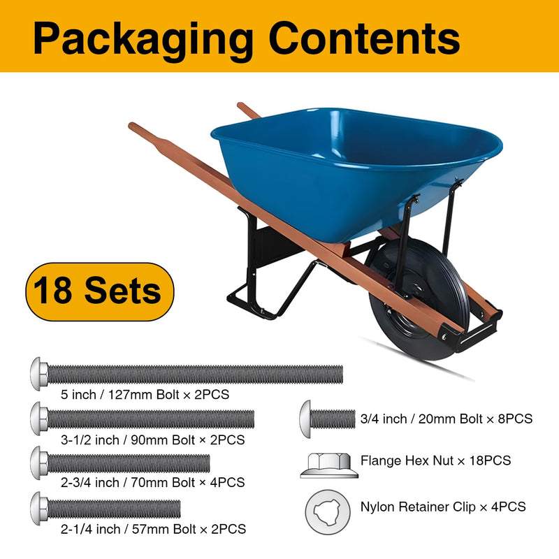 [Australia - AusPower] - Wheelbarrow Carriage Bolts and Nuts Kit,Stainless Steel Carriage Bolts 5/16-18 5”,3-1/2”,2-3/4”,2-1/4”,3/4”,Flange Hex Nuts,Nylon Retainer Clips,Wheelbarrow Handles Replacement Parts,18Sets S 