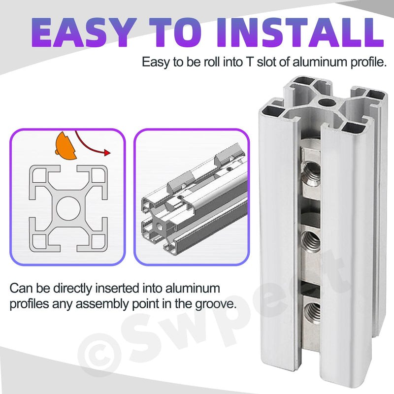 [Australia - AusPower] - Swpeet 48Pcs 2020 Series Carbon Steel Nickel Plated Roll-in Spring T Nut M3 M4 M5 M6 Assortment Kit, T Slot Nuts, Roll Ball Elastic Nuts for 2020 Series Aluminum Extrusion Profile Rail 