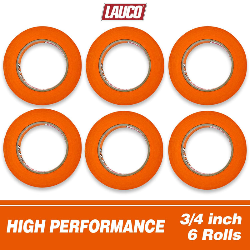 LAUCO Orange Automotive Refinishing Masking Tape – Autobody Painter’s Tape, Moisture, UV & Heat Resistant, No Residue – Multi-Purpose Masking Tape for Auto Repair (0.75 in, Pack of 6 Rolls) 0.75 in (6 Rolls)