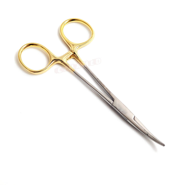 [Australia - AusPower] - Premium German Stainless- Set of 2 PCS Gold Handle Mosquito Locking HEMOSTAT Forceps Straight + Curved 5"-Cynamed 