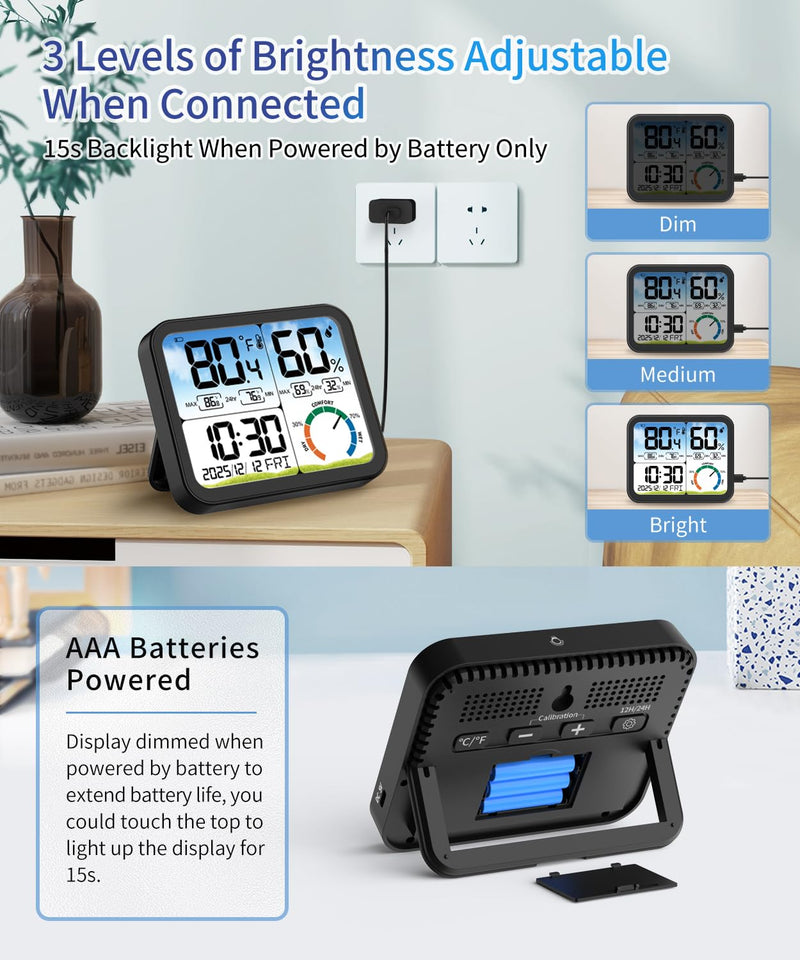 [Australia - AusPower] - VOCOO Digital Indoor Room Thermometer - 5.8'' Extra Large Display Temperature Humidity Sensor with Accurate Temp Humidity Gauge Monitor, Calibration, Max & Min Records, Comfort, Backlit, Date & Clock Black 