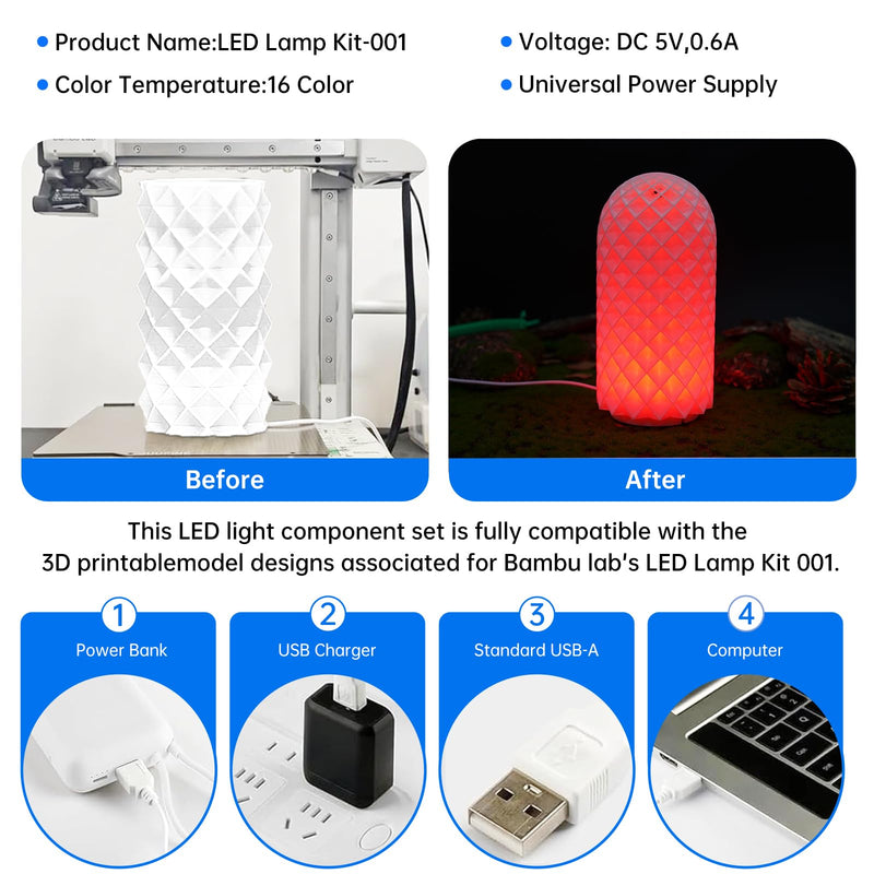 Remote Control RGB LED Lamp Kit for Bambu Lab 3D Printer Accessories-3D Printer DIY Multicolor Light Includes Button Battery Makerworld Hardware Model Spare Parts 5V USB Powered (4pcs) 4