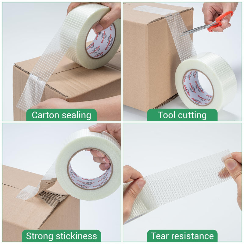 2 Inch x 55 Yards Transparent Bi-Directional Fiberglass Tape – Reinforced Packing Filament Strapping Tape, Adhesive Heavy Duty 1 Roll - 2 Inch x 55 Yards