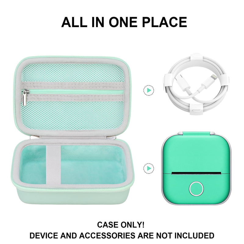 [Australia - AusPower] - Hard Travel Case for T02 Mini Printer Sticker Printer, Wireless Mini Sticker Printer Machine Storage Holder Protection Case with Zipper Mesh Pocket fit Thermal Paper, Charging Cable, Green 