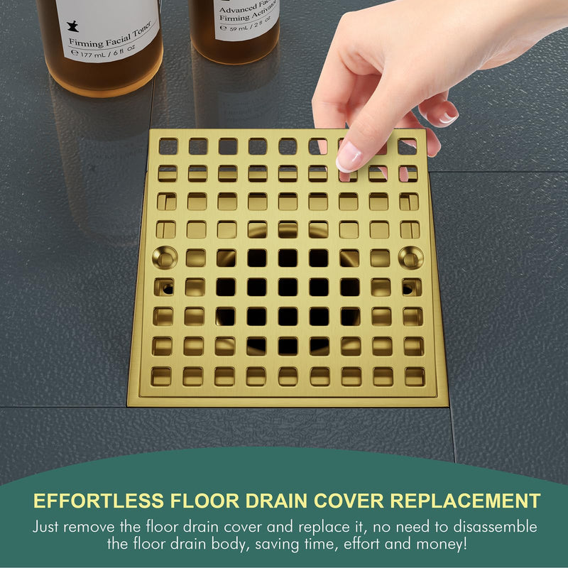 3-7/8" Brushed Gold Shower Drain Cover - Square Floor Drain Cover Replacement - Hair Catcher/Drain Strainer for Bathrooms, Showers, and Sinks - SUS304 Stainless Steel