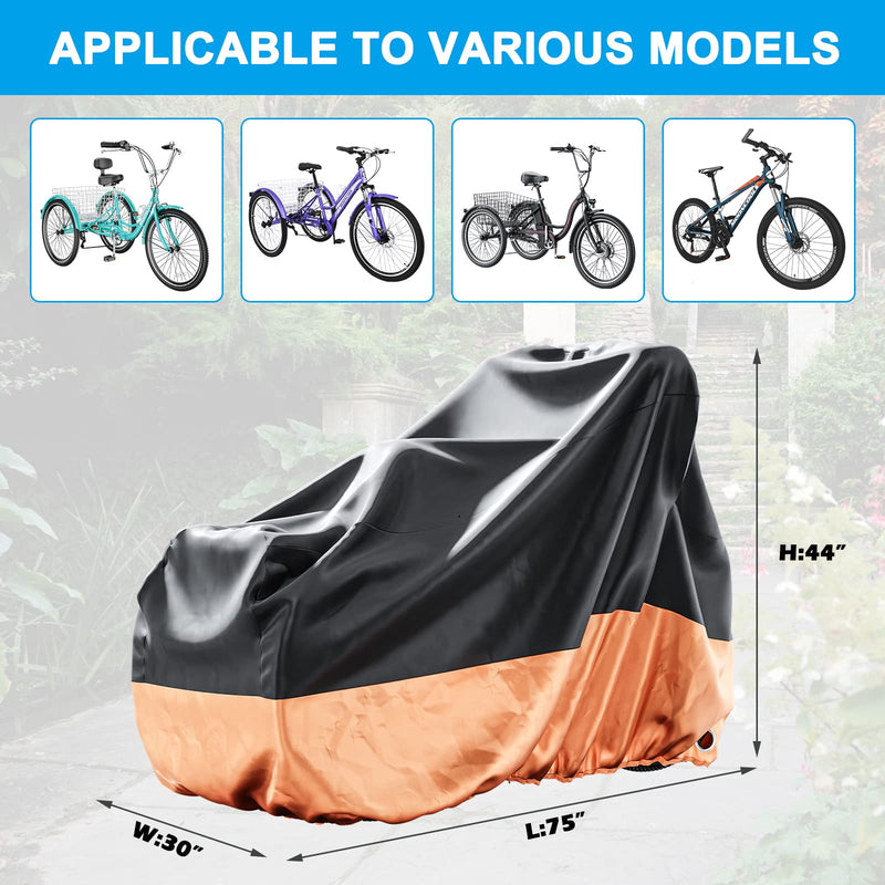 [Australia - AusPower] - MOPHOTO Adult Tricycle Cover for Outdoor Storage, Waterproof Bike Cover for Adult Trikes, UV-Resistant Trike Covers with Lock Hole, Elastic Hem, Buckle Strap & Storage Bag Black & Orange 75"L 