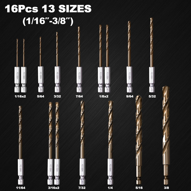 Hex Shank Cobalt Drill Bit Set 16Pcs 1/16"-3/8", M35 HSS Twist Impact Drill Bits for Metal and Hardened Steel, with Indexed Storage Case 16pcs 1/16-3/8