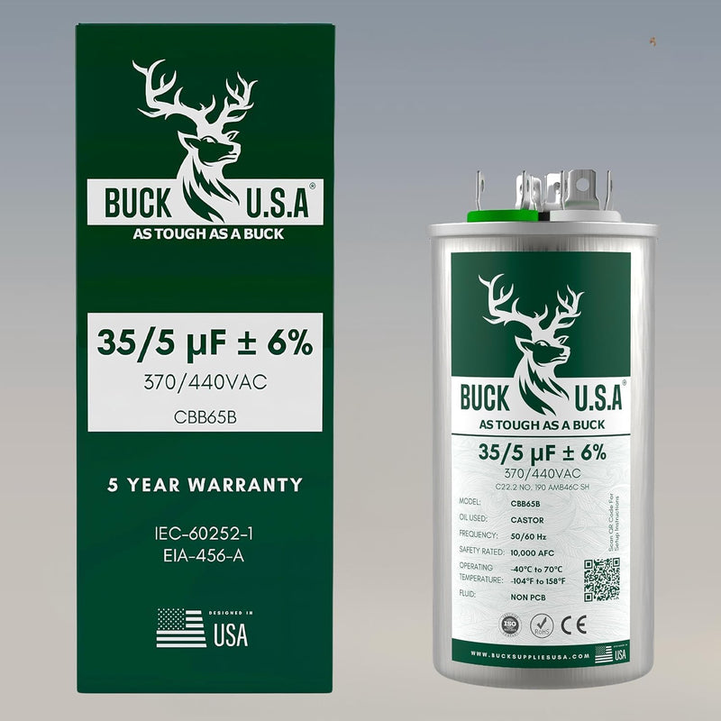 Buck 35+5uF 35/5 MFD ±6% CBB65B Dual Run Round Start Capacitor - Ideal for HVAC Systems, Air Conditioner Unit Fan Motor Start, Heat Pump, & Condenser Straight Cool Applications 370/440VAC 50/60Hz 35+5 µF 1.0