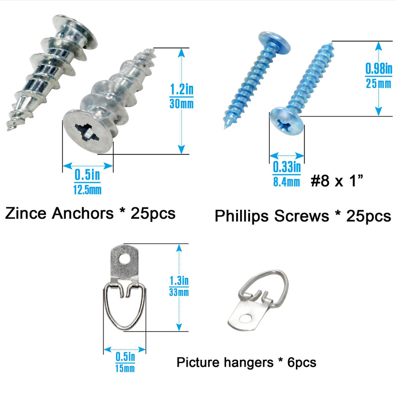 [Australia - AusPower] - Self-Drilling Hollow Metal Stud Wall Anchors with Screw Kit for Drywall Heavy Duty, -25 Heavy Duty Wall Anchor, 25 Tapping Mount Screws, 6 D Ring Picture Hangers Rounded Tail 25 Pack 