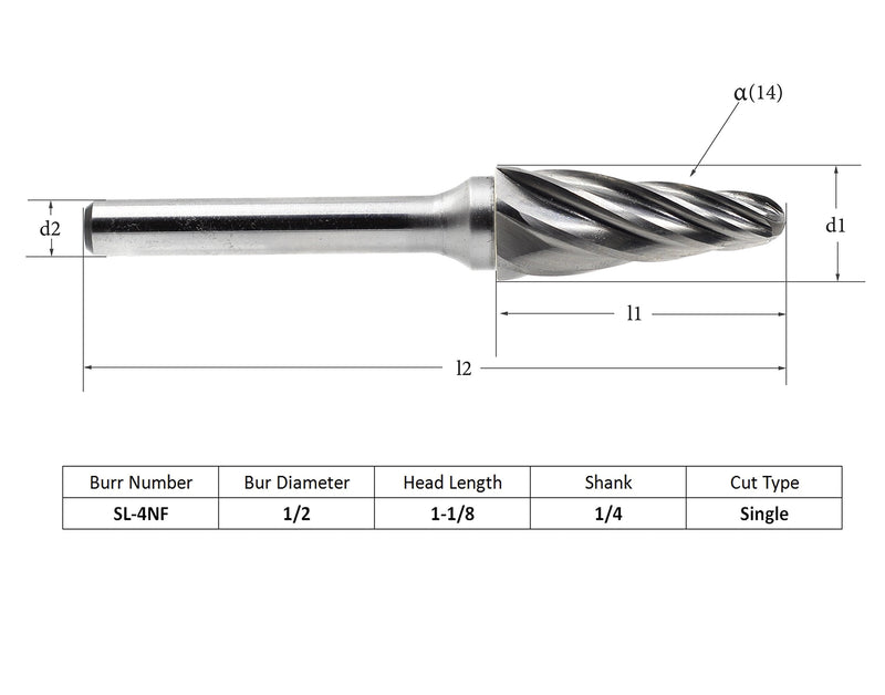 Carbide Burr SL-4NF Aluminum Cut Carbide Cutter Burrs File(1/2 Inch Head Dia X 1-1/8 Inch Cutter Length) 1/4"(6mm) Shank Taper Shape with Radius End for Rotary Die Grinder,1pcs