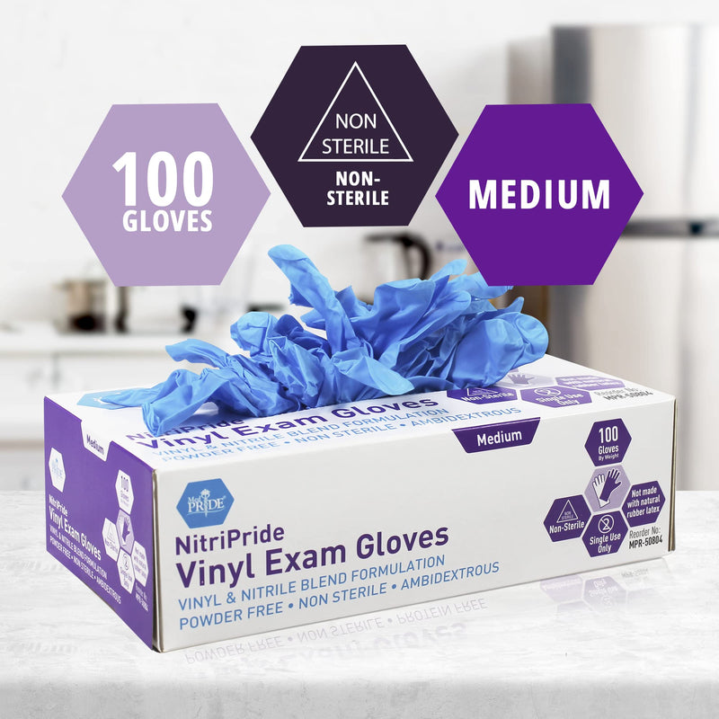 [Australia - AusPower] - MED PRIDE NitriPride Nitrile-Vinyl Blend Exam Gloves, Medium 100 - Powder Free, Latex Free & Rubber Free - Single Use Non-Sterile Protective Gloves for Medical Use, Cooking, Cleaning & More 