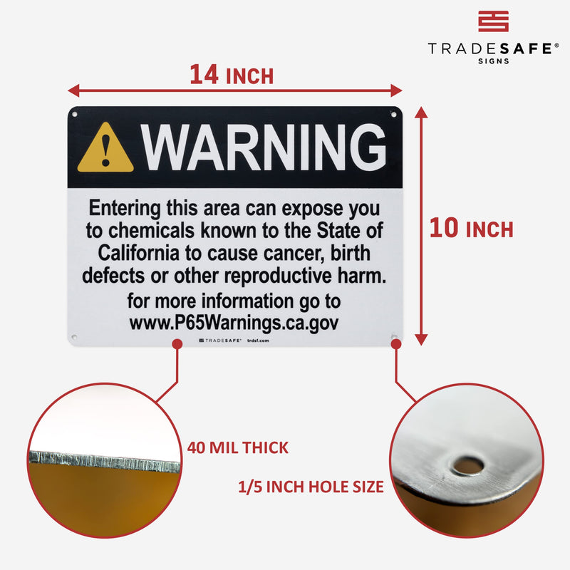 TRADESAFE Prop 65 Cancer and Reproductive Harm Warning Signs, Quick Install Aluminum Safety Sign, Light Reflective, UV-Resistant, Waterproof Signs for Business, 14” X 10” Proposition 65 Sign