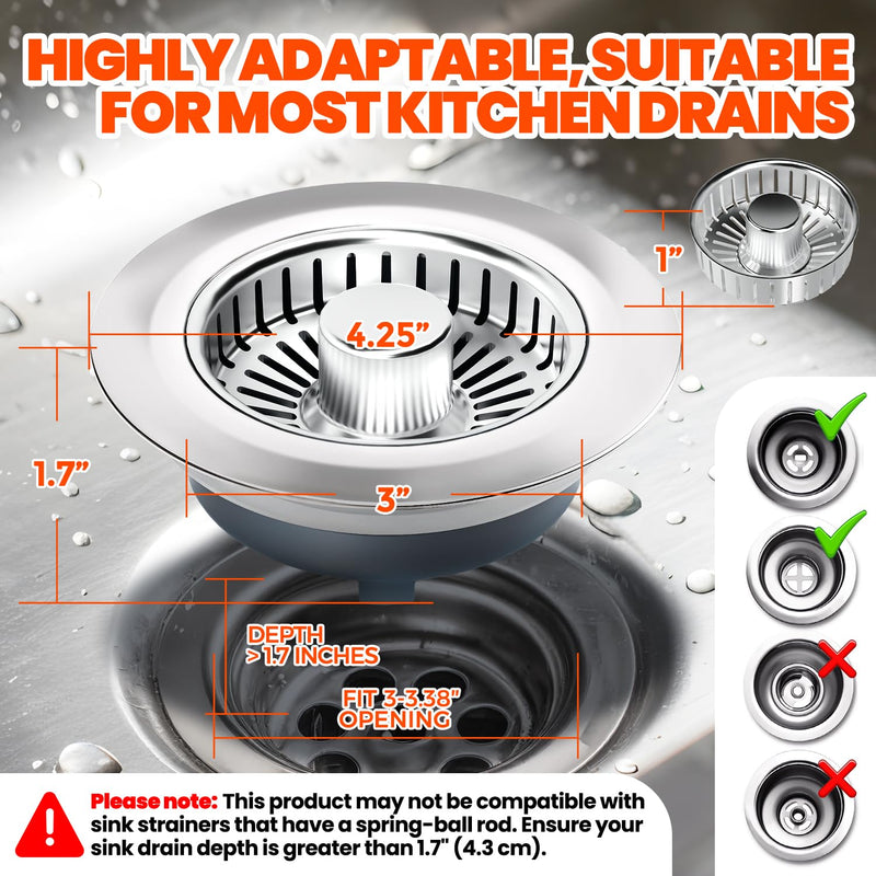 Kitchen Sink Drain Strainer & Sink Stopper, Upgraded 3 in 1 Stainless Steel Drain Plug Combo with Anti-Clog Basket, Pop Up Drain Cover for Standard 3-1/2'', Fits Double Bowl Kitchen Sinks 2pack Chrome Silver