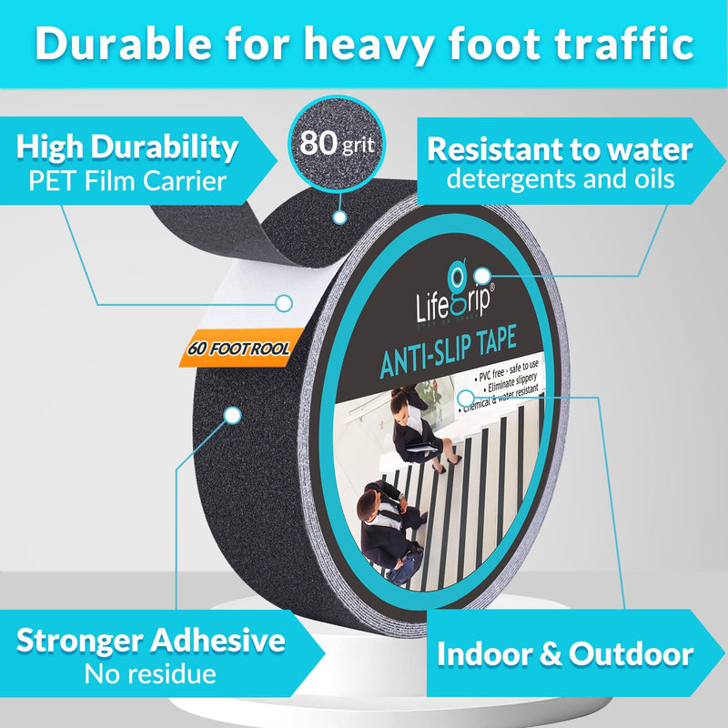 LifeGrip Stay on Track Anti Slip Traction Tape, 2 Inch x 60 Foot - Best Grip, Friction, Abrasive Adhesive for Stairs, Tread Step, Indoor, Outdoor (2" X 60') 2" X 60' Black
