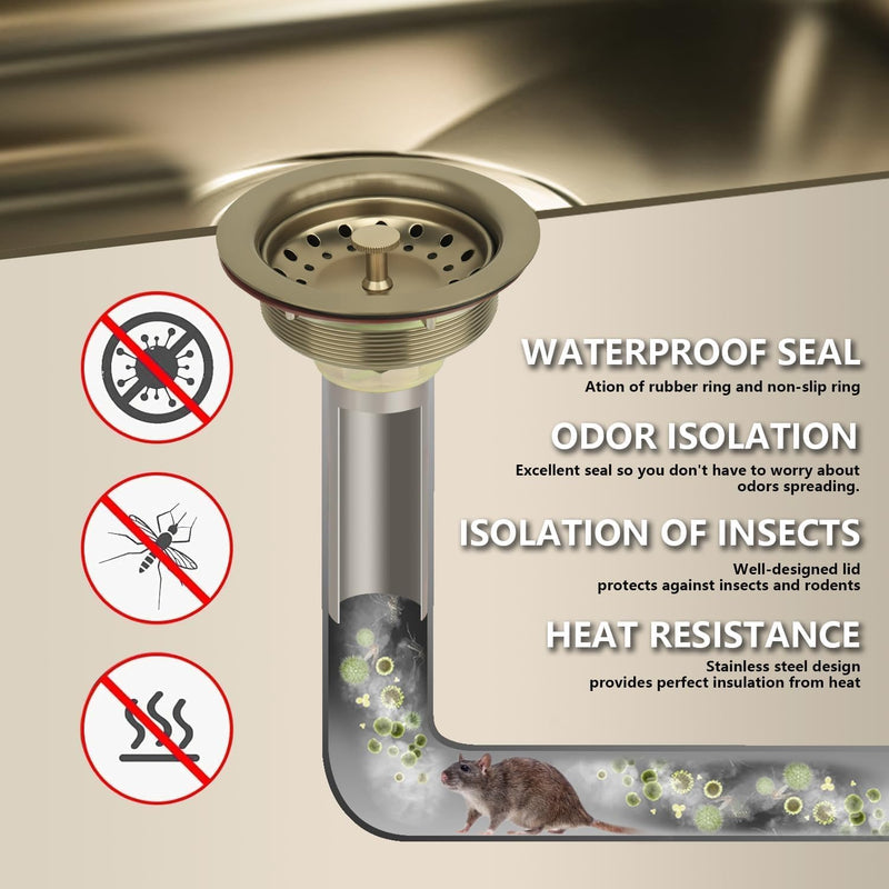 Uni-Green Champagne Bronze Kitchen Sink Drain for Standard 3-1/2 inch Drain - Fit 1-1/2 inch Pipe - Kitchen Sink Drain Strainer Stainless Steel Basket with Knob - Rubber Stopper Bottom