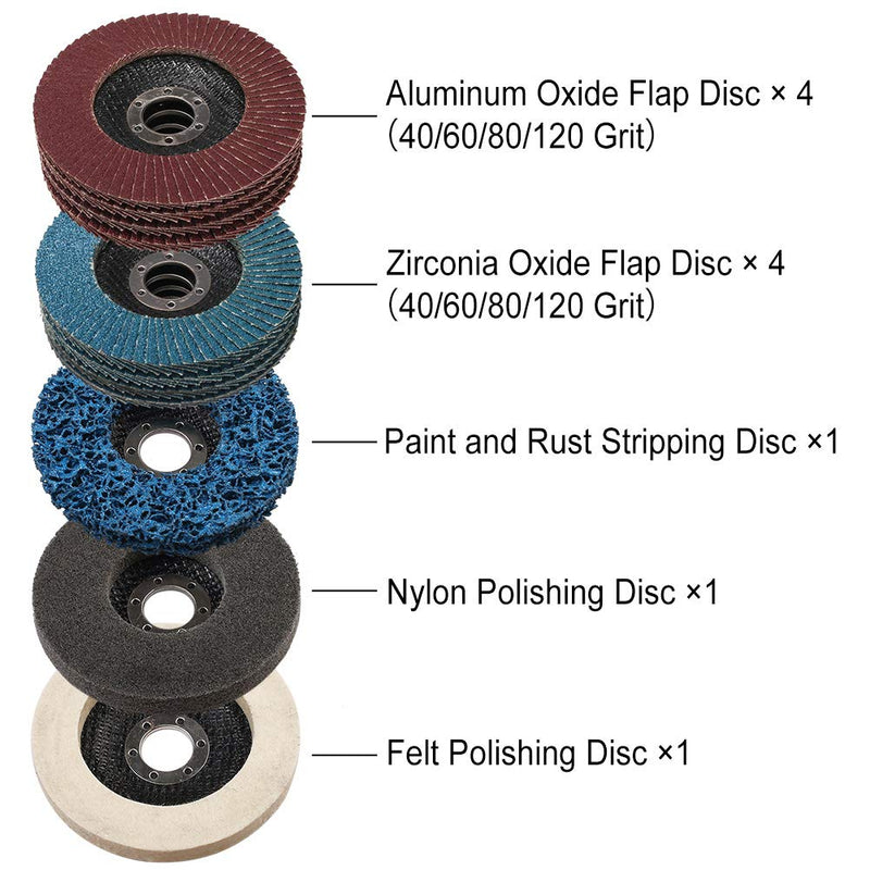 [Australia - AusPower] - LotFancy Flap Disc 4 1/2 inches, 11 Grinding Polishing Discs Set for Angle Grinder, 40 60 80 120 Grit Assorted Pack, Sanding Wheels, Strip Disc, Nylon & Felt Polishing Disc Kit 11 Pack Set 