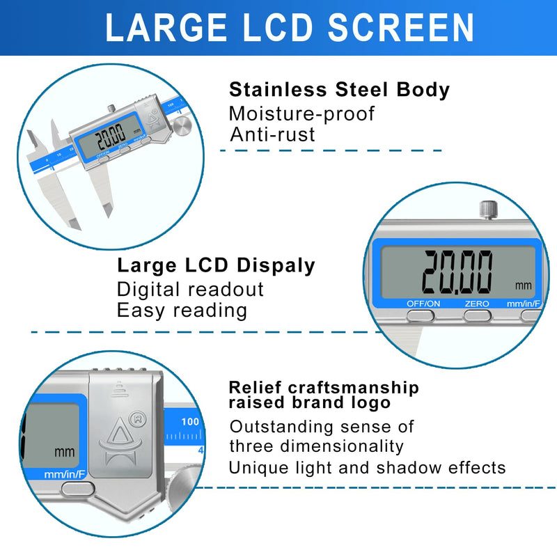 Digital Caliper 6 Inch Measuring Tool Stainless Steel Vernier Caliper Digital Micrometer with Large LCD Screen,Auto-Off Feature, Inch/Millimeter/Fraction Conversion Measuring Tool Caliper