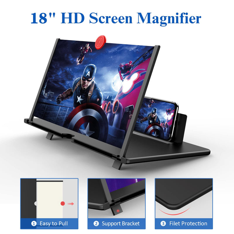 [Australia - AusPower] - 18" Screen Magnifier for Cell Phone – 3D HD Magnifing Screen Enlarger Projector for Movies Videos and Gaming – Foldable Phone Stand Holder with Screen Amplifier–Compatible with All Smartphones Black-18'' 