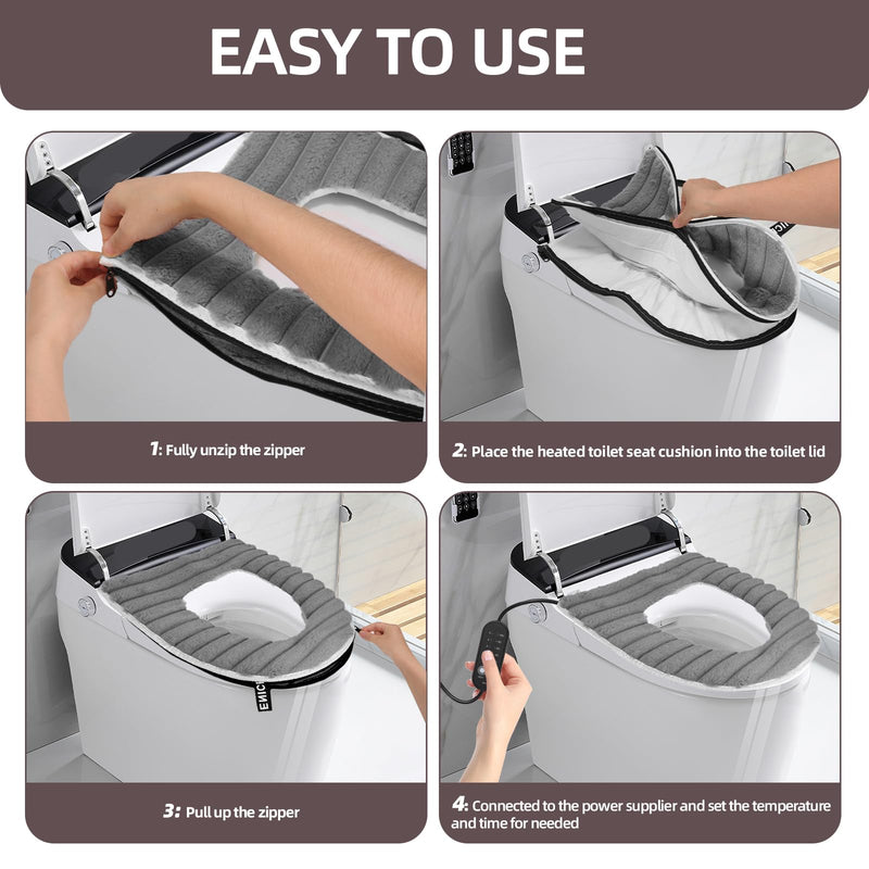 Heated Toilet Seat Cover,USB Powered Toilet Seat Warmer with Charger,5-Speed Adjustable Temperature and Timing Function,Levels Toilet Seat Cover with Soft Plush Fabric,Easy To Clean (Gray) Gray