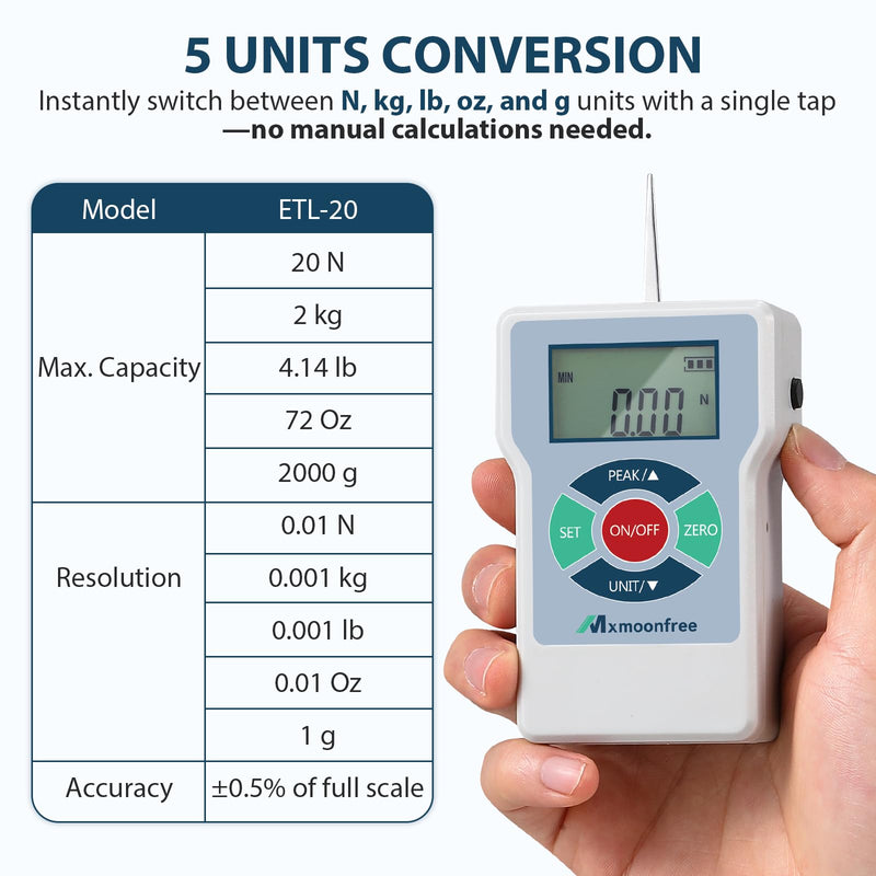 [Australia - AusPower] - Mxmoonfre 20N Digital Tension Gauge with LCD Display, High-Precision 0.01N Force Meter, 5-Unit Conversion (N/kg/lb/oz/g), Ergonomic Lightweight Design for Industrial & Home Use, ETL-20N 