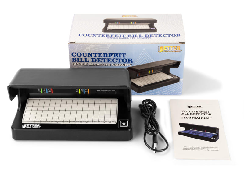 Counterfeit Bill Detector with UV Fluorescent Light, Portable & Compact for All Currencies, Passports, Gov't Issued IDs, Credit Cards, Power Cord & Rechargeable Battery, by Better Office Products