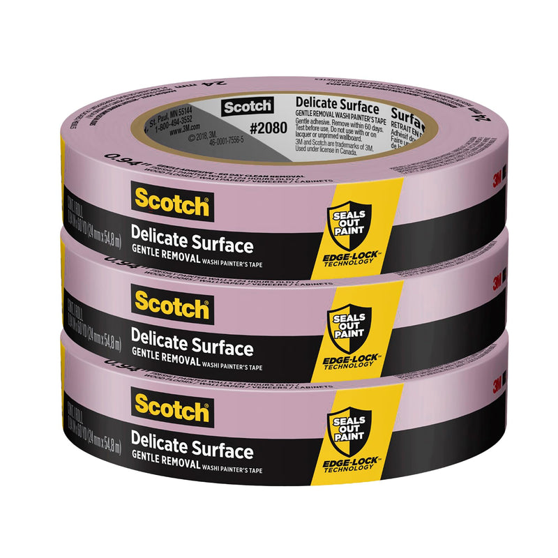 Scotch Delicate Surfaces Painters Tape, Damage-Free Painting Prep, Protect Delicate Surfaces, UV & Sunlight Resistant, Solvent-Free Adhesive, Indoor Masking Tape, 0.94 in x 60 yd, (Pack of 3)