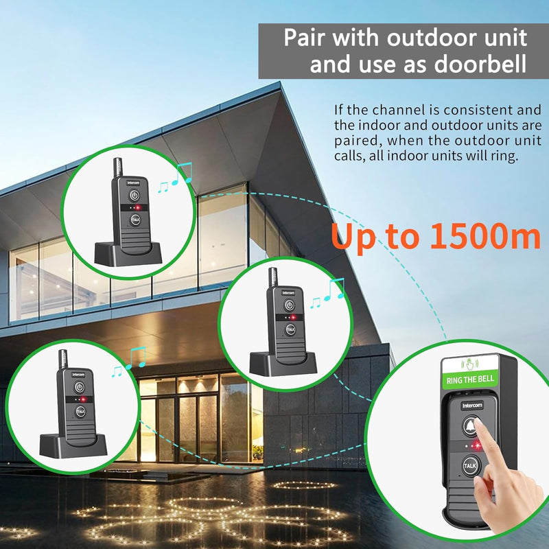 [Australia - AusPower] - Wireless Intercoms System for Home, 4900ft Communication Intercom Range IP44 Waterproof 1-16 Channel for House Business Office Hospital Hotel Factory (2 Packs, Black) Black/2 Indoor unit 