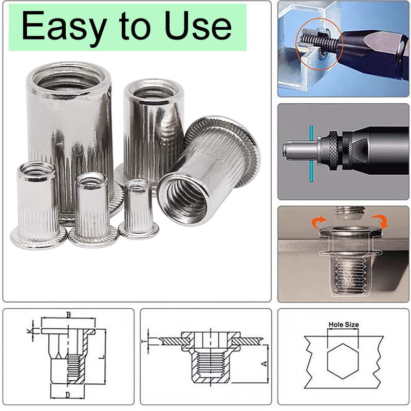 [Australia - AusPower] - Rivet Nut, HanTof 50 Pieces Metric M6 Stainless Steel Flat Head Rivnut Threaded Insert Nut, Knurled Body (M6-1.0), for Automotive Furniture Decoration Electrical and Industrial Products Stainless -Metric M6 