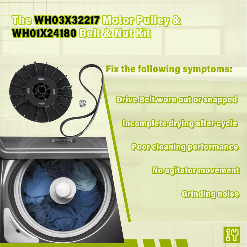 [Australia - AusPower] - WH03X32217 Washer 1/2 HP Motor Pulley & WH01X24180 Belt & Nut Kit Perfectly Compatible with GE Washer(some models), Replaces 4975025 4455970 WH07X24182 WH49X25377 290D1101P002 WH01X24180-50PK, etc. 