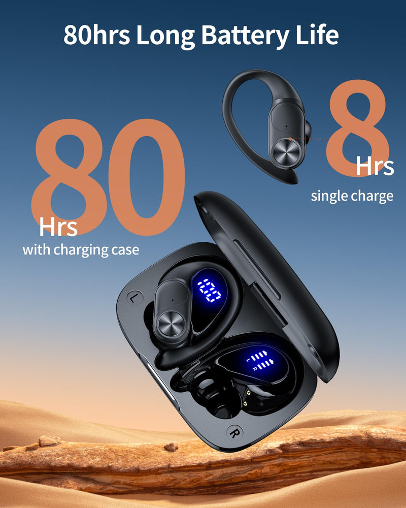 [Australia - AusPower] - Bluetooth Headphones Wireless Earbuds 80hrs Playtime Wireless Charging Case Digital Display Sports Ear buds with Earhook Premium Deep Bass IPX7 Waterproof Over-Ear Earphones for TV Phone Laptop Black M 