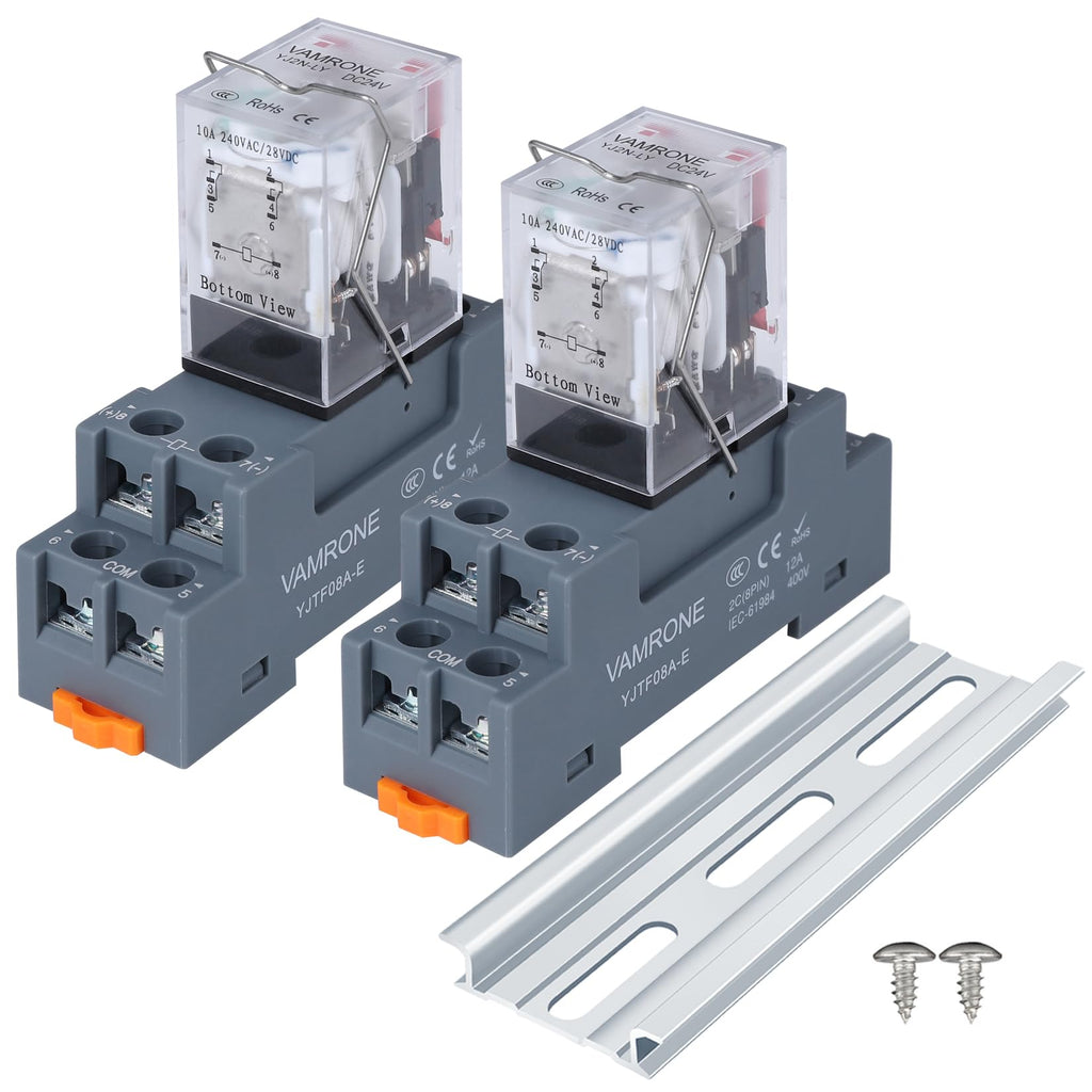 Electromagnetic Power Relay, 8-Pin 10 AMP 24V DC Relay Coil with Socket Base, LED Indicator, DPDT 2NO 2NC - MY5NJ 2PCS [Applicable for DIN Rail System] DC 24V 8Pin-10A-2PCS