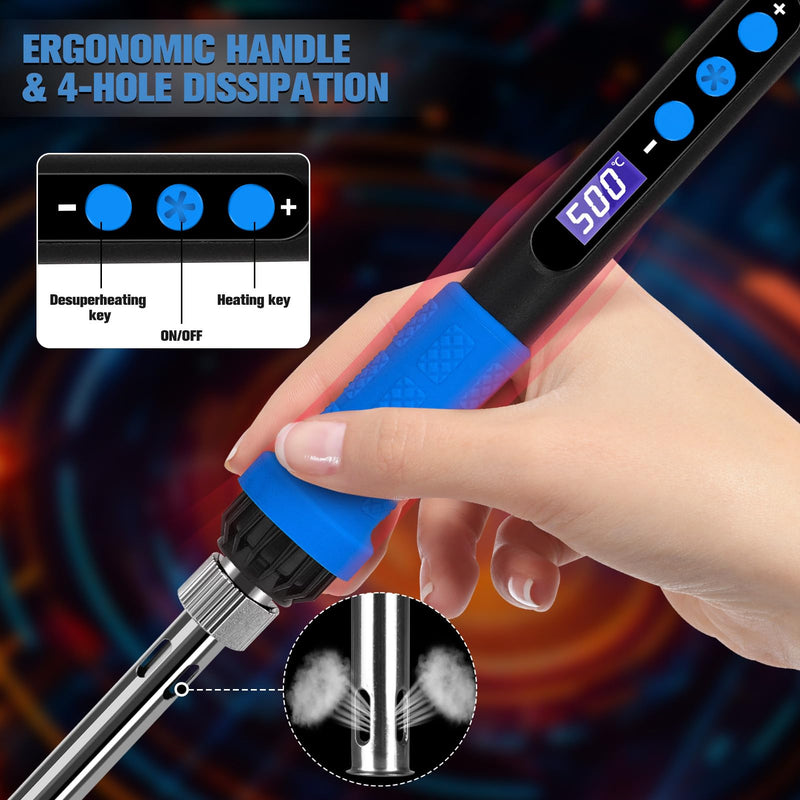 Soldering Iron Kit with LCD Display, 100W LED Display Adjustable Temperature, Soldering Iron with Automatic Sleep Mode, Soldering Gun with 5 Soldering Tips, Solder Tin, Stand, Welding Tool Blue