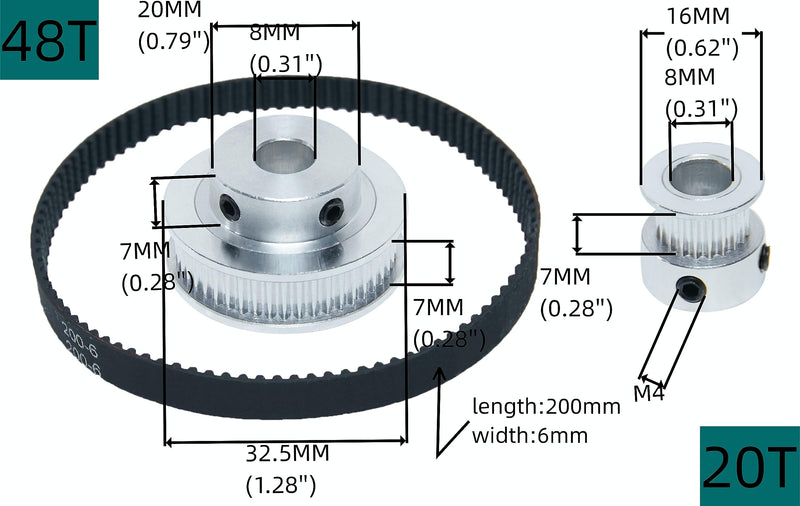[Australia - AusPower] - 2PCS Set 2GT Aluminum Timing Pulley 20&48 Teeth 8mm Bore Synchronous Wheel with 2PCS Length 200mm Width 6mm Belt (20-48T-8B-6) 20-48T-8B-6MM 