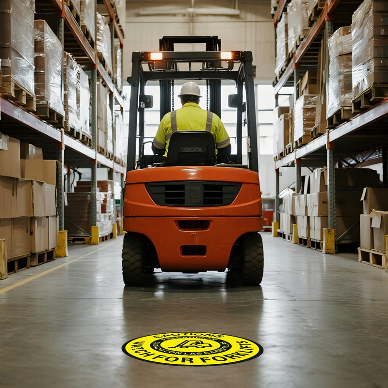 Caution Watch for Forklift Floor Sign – 5 Pack 16 Inch Round Vinyl Decals, Bilingual English/Spanish, Anti-Slip, Removable, Waterproof, UV Protected, High Visibility Safety Sticker for Warehouse, Work Site, Office, Factory