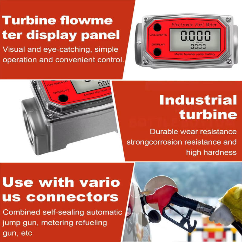 Turbine Flow Meter, 1 Inch NPT Mini Digital Turbine Flow Meter, Digital Peak Flow Meter, Fuel Flow Meter, 10-200 L, with Instant and (Red LLW-25) Red LLW-25