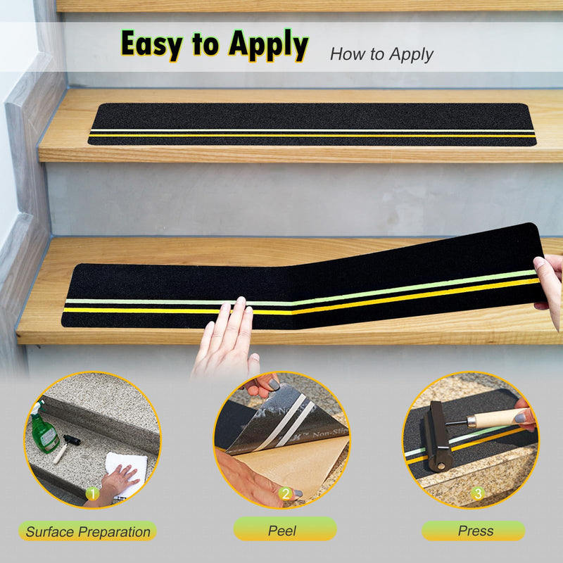 S&X 10-Pack Outdoor Stair Treads Non-Slip with Reflective & Glow-in-The-Dark Strips Pre-Cut 6" x 24" Heavy Duty Anti Slip Tape High Traction Waterproof – Perfect for Stairs, Ramps, Decks, Boats