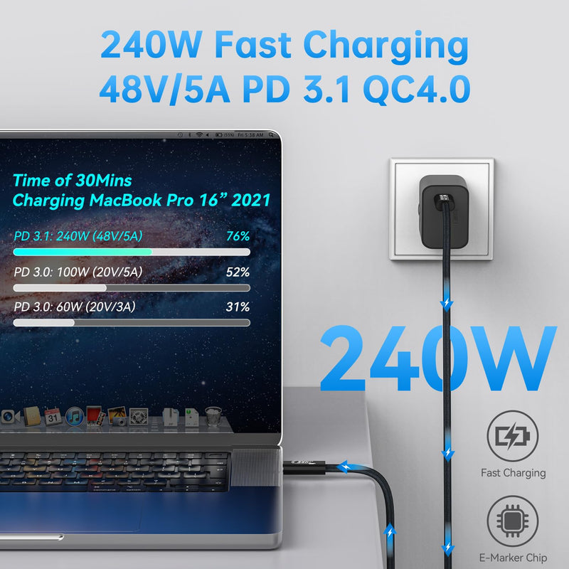[80Gbps Data Sync] Compatible with Thunderbolt 5 Cable 10 ft Support 240W Charging and 16K/ Dual 8K displays for MacBook, Mac mini, Thunderbolt 4/3 Monitor, Not Support Docking Stations and Hub 10FT