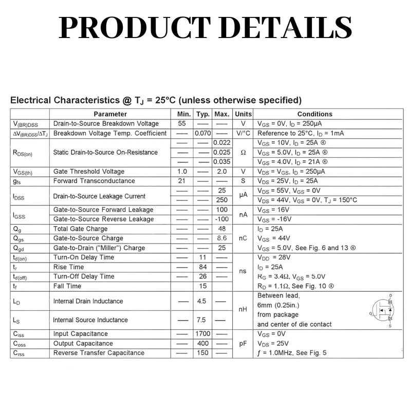 IRLZ44N MOSFET N-Channel 55V 47A TO-220AB Transistor, Power Mosfet Set for Electronics Projects, Circuit, Arduino, DIY Control, Rectifier & Switch, MOSFET Module Replacement | Hohe Effizienz & Pwm-Regelung für Motoren/Netzteile. Kompatibel mit IRLZ44N-...