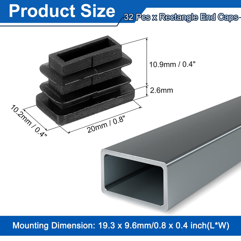 [Australia - AusPower] - uxcell 32 Pcs Rectangle Tubing End Caps 3/4 x 3/8 Inch Plastic Hole Plugs Insert End Cap for Metal Tubing Post Chair Leg Table Bookshelves Furniture, Black 
