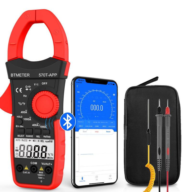 [Australia - AusPower] - BTMETER AC/DC 1000A Clamp Multimeter, 4000 Counts Digital Clamp-on Meter with Data Logging Measure Amp Volt Ohm Capacitance Frequency Temperature Continuity, Electrical Tester 570T-APP 1000A Smart Clamp Ammeter 
