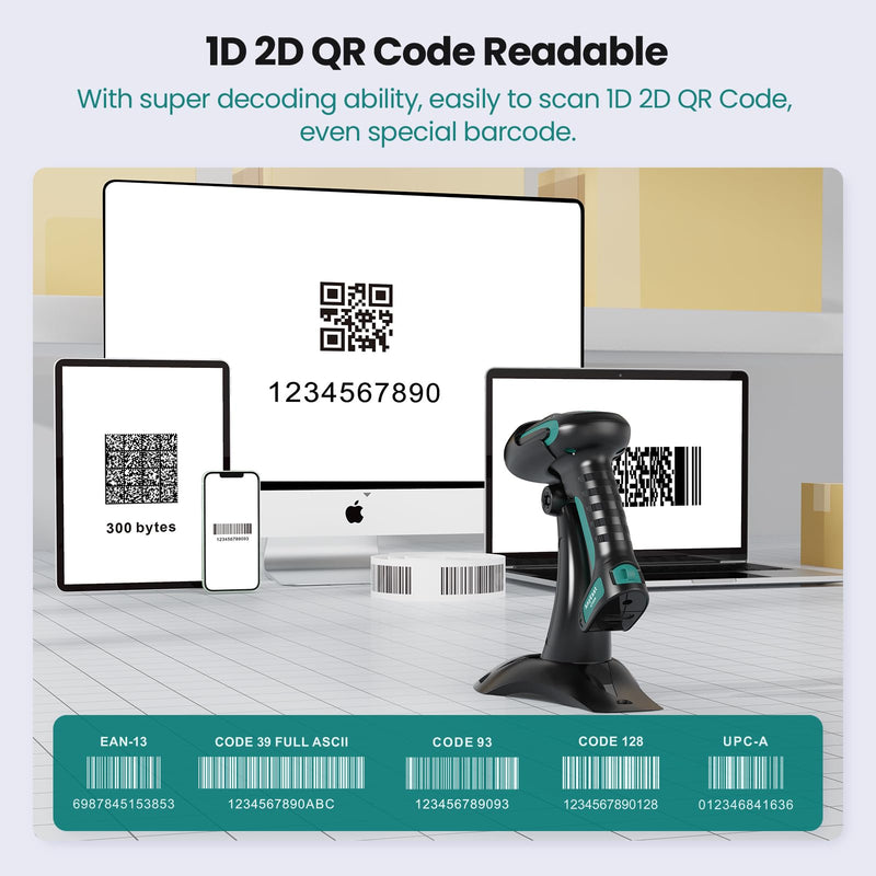 [Australia - AusPower] - Wireless Barcode Scanner with Stand, Industrial 1D 2D QR Bluetooth Barcode Scanner with Drop Resistant Dustproof Waterproof,USB Bar Code Reader Scanner for Android, iOS, Windows Green-2 