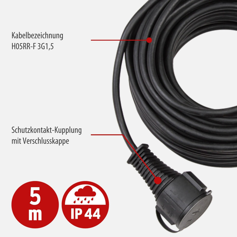 Brennenstuhl Quality Rubber Extension Cable 5 m | For short-term outdoor use, IP44, black