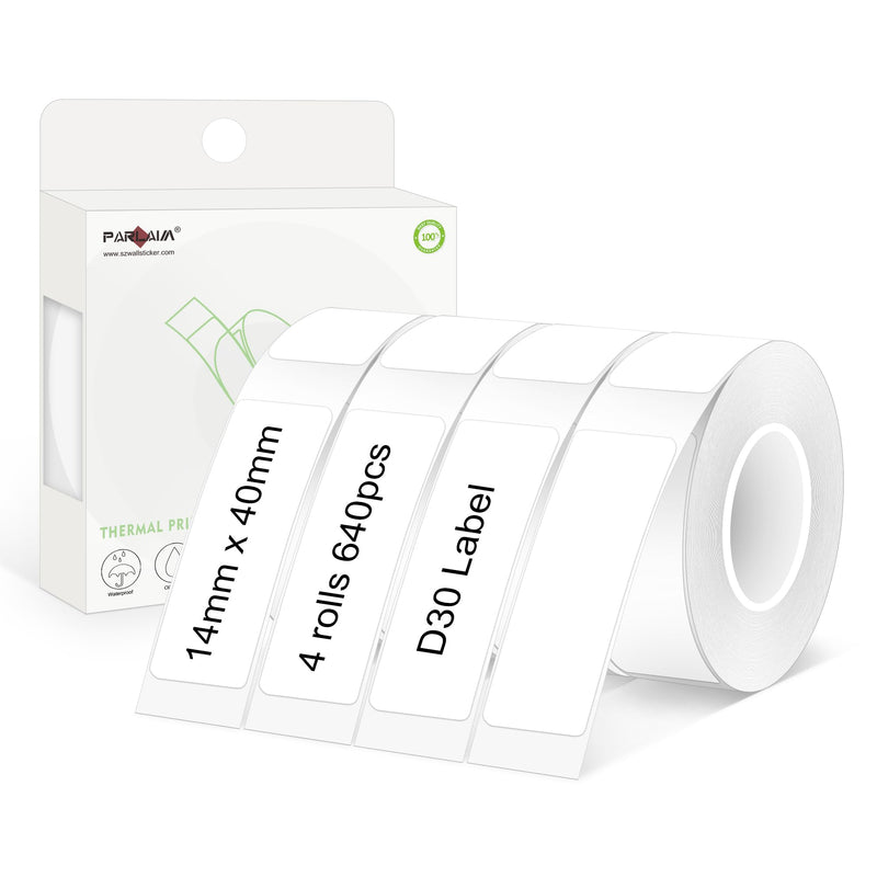 PARLAIM 14 X 40mm (0.55"x1.57") Tear-Resistant Thermal Label, 4 Rolls 640pcs OEM Label Tape Replacement Compatible with D30 Label Maker Perfect for Home/Office/School, White 4 Rolls-640PCS