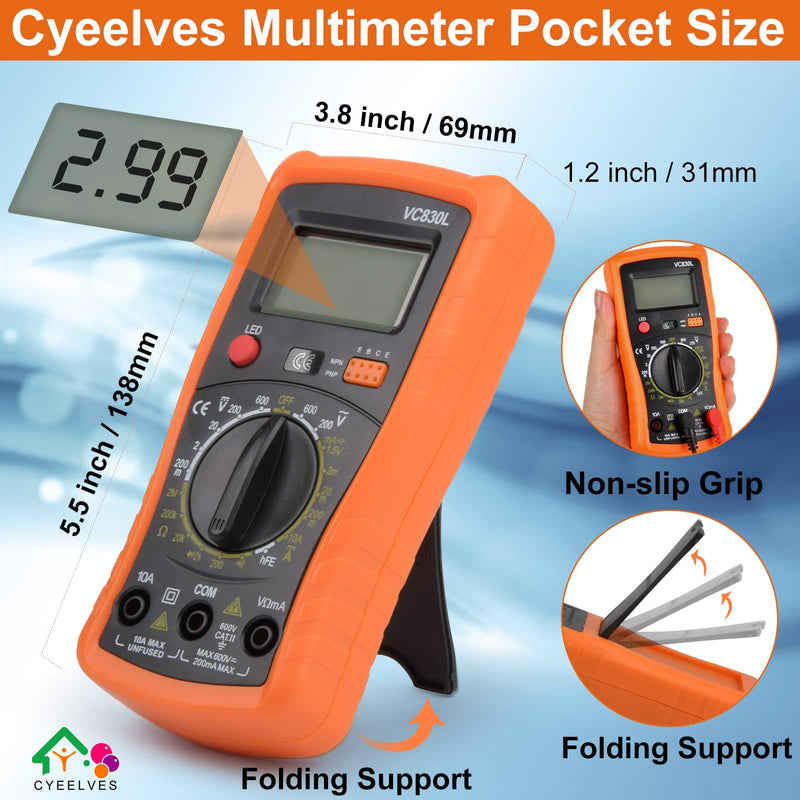 [Australia - AusPower] - Digital Multimeter, Multimeter with AC DC Voltmeter & Ohm Volt Amp Tester, Multifunction Battery Tester, Pocket Meter with Backlight Tests Wire, Voltage Tester Measure Voltage Current Resistance Diode Orange 